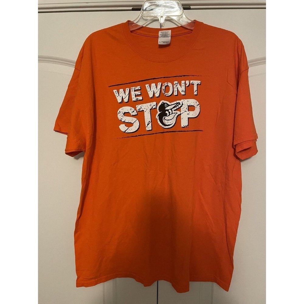 2014 BALTIMORE ORIOLES T SHIRT MENS XL WE WONT STOP ORANGE MLB PLAYOFF BASEBALL